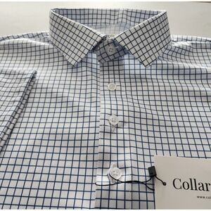 Collars & Co Polo Shirt Mens Size Large Navy Blue Check Semi Spread Travel NWT